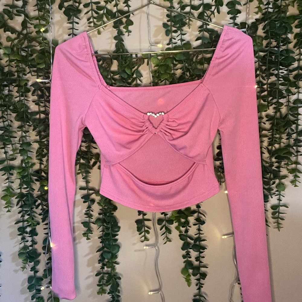 SHEIN Pink Heart Detail Long Sleeve Top